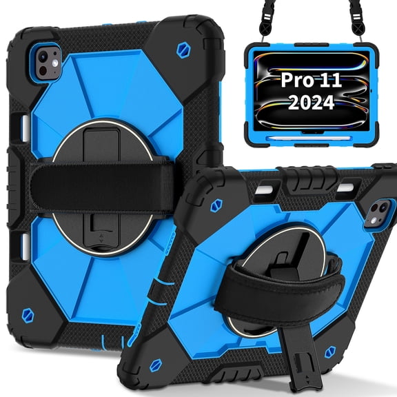 ELEHOLD Rugged Hybrid Case For iPad Pro 11 2024, with Built-in Kickstand 360° Rotating Handstrap Pencil Holder Crossbody Shoulder Strap Shockproof Heavy Duty Case, Black+Blue