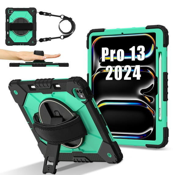 ELEHOLD Rugged Hybrid Case For iPad Pro 13 2024, with Built-in Kickstand 360° Rotating Handstrap Pencil Holder Crossbody Shoulder Strap Shockproof Heavy Duty Case, Black+Mint