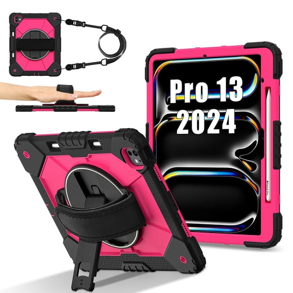 ELEHOLD Rugged Hybrid Case For iPad Pro 13 2024, with Built-in Kickstand 360° Rotating Handstrap Pencil Holder Crossbody Shoulder Strap Shockproof Heavy Duty Case, Black+Rose