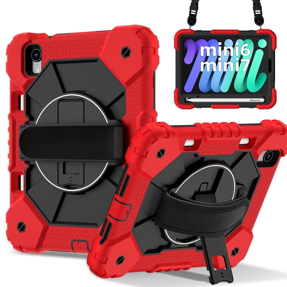 ELEHOLD Rugged Hybrid Case For iPad mini (6th Generation), with Built-in Kickstand 360° Rotating Handstrap Pencil Holder Crossbody Shoulder Strap Shockproof Heavy Duty Case, Red+Black