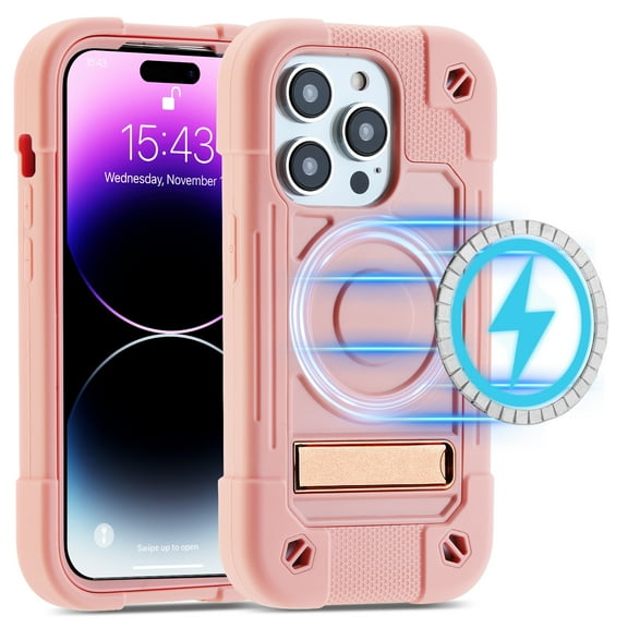 ELEHOLD Rugged Hybrid Case for iPhone 14 Pro 6.1 inch Three-Layer Protection Hidden Kickstand Compatible with MagSafe Magnetic Shockproof Case,Rosegold