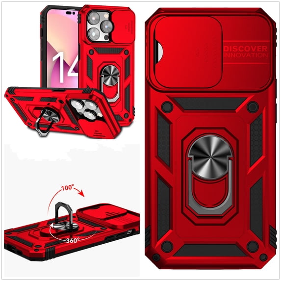 ELEHOLD Rugged Hybrid Case for iPhone 14 Pro Max Heavy Duty Case with Slide Camera Cover 360° Ring Holder Kickstand Magentic Shockproof Protective Case For iPhone 14 Pro Max,6.7 inch,Red