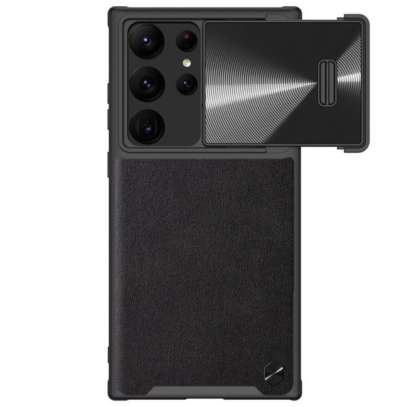 ELEHOLD Rugged Luxury Case for Samsung Galaxy S23 Ultra 6.8 inch Leather Back Slide Lens Cover Non-Slip Anti-Fingerprint Shockproof Protective Cover,Black