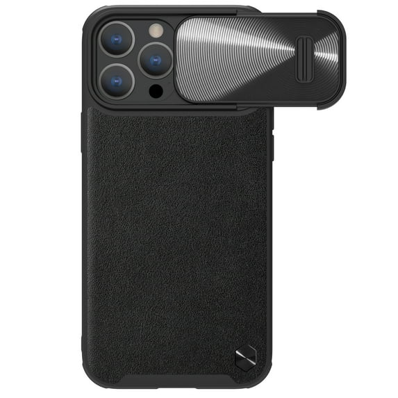 ELEHOLD Rugged Luxury Case for iPhone 14 Pro Max 6.7 inch Leather Back Slide Lens Cover Non-Slip Anti-Fingerprint Shockproof Protective Cover,Black