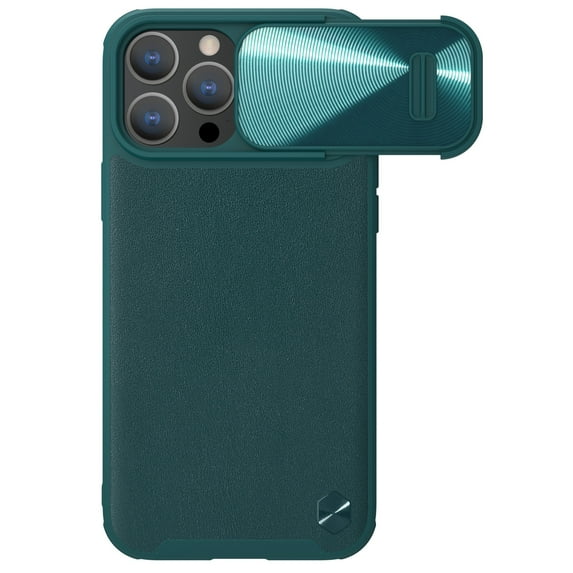 ELEHOLD Rugged Luxury Case for iPhone 14 Pro Max 6.7 inch Leather Back Slide Lens Cover Non-Slip Anti-Fingerprint Shockproof Protective Cover,Cyan