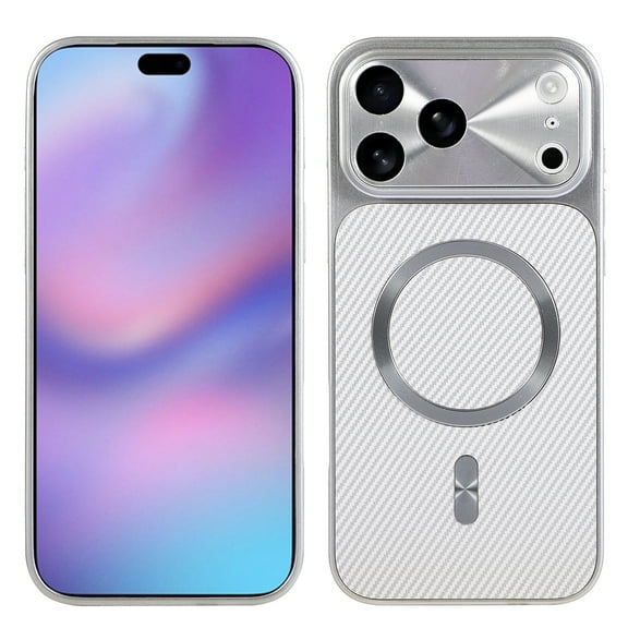 ELEHOLD Rugged Magnetic Case For iPhone 17 Pro, Magnetic Wireless Charging, Shockproof PC+TPU Carbon Fiber Texture Non-Slip Cover , Silver