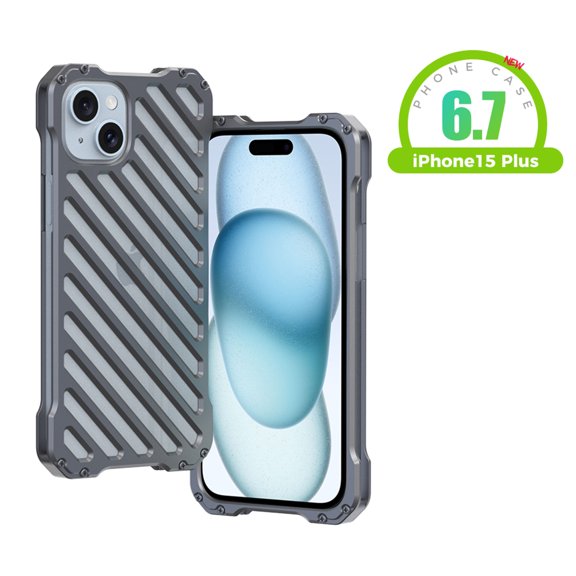 ELEHOLD Rugged Metal Case for iPhone 15 Plus Heavy Duty Military Grade Aluminum Alloy Metal Bumper Hollow Design Heat Dissipation Shockproof Protection Armor Case for iPhone 15 Plus 6.7"