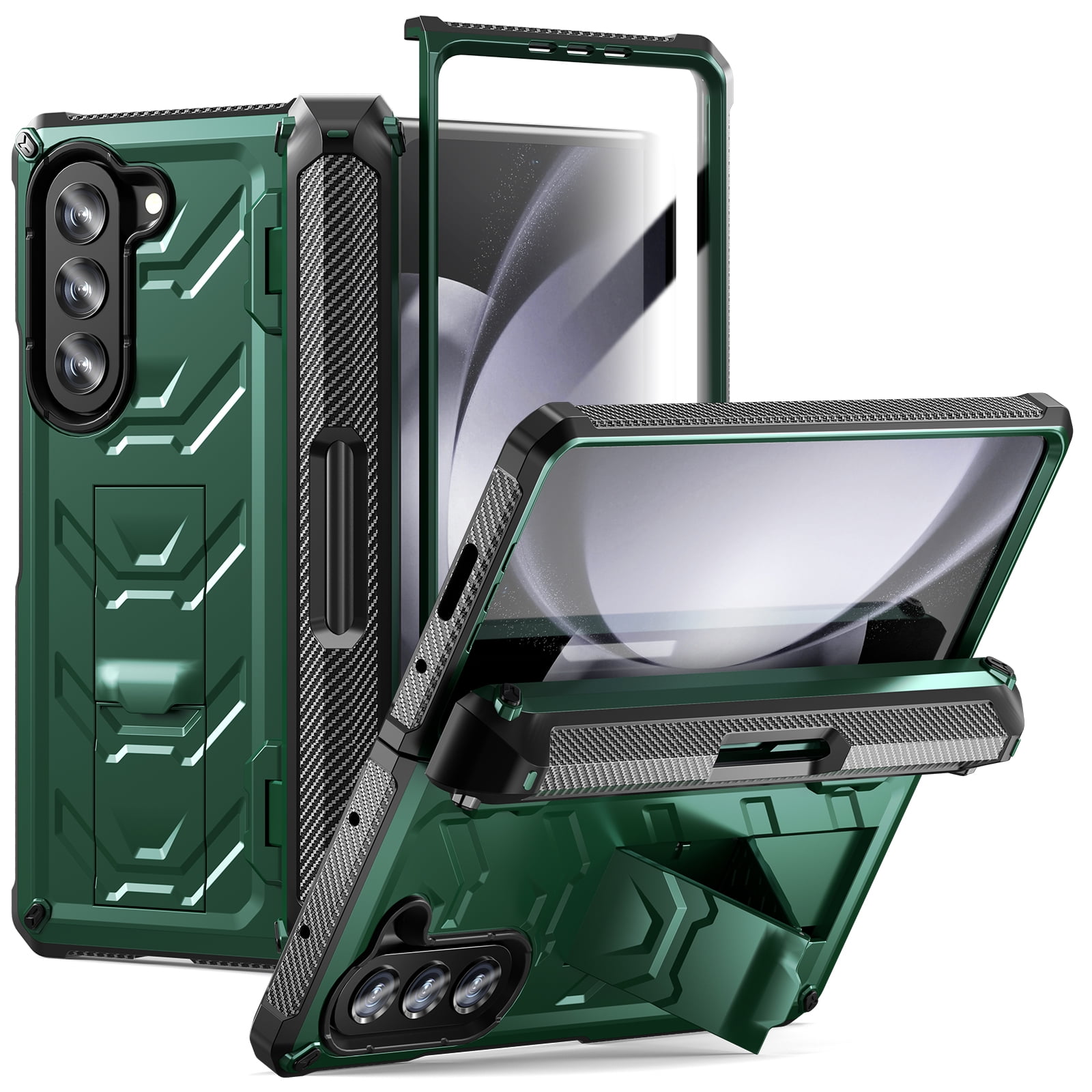 ELEHOLD Rugged Phone Case for Samsung Galaxy Z Fold 5 with Built-in Screen Protector Hidden Kickstand Pen Slot Heavy Duty Full Body Shockproof Case for Samsung Z Fold5 2023,Armygreen