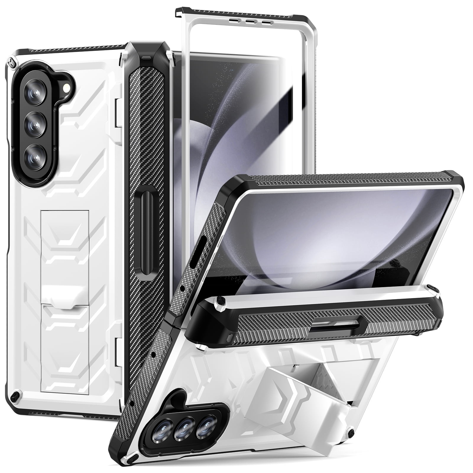 ELEHOLD Rugged Phone Case for Samsung Galaxy Z Fold 5 with Built-in Screen Protector Hidden Kickstand Pen Slot Heavy Duty Full Body Shockproof Case for Samsung Z Fold5 2023,White