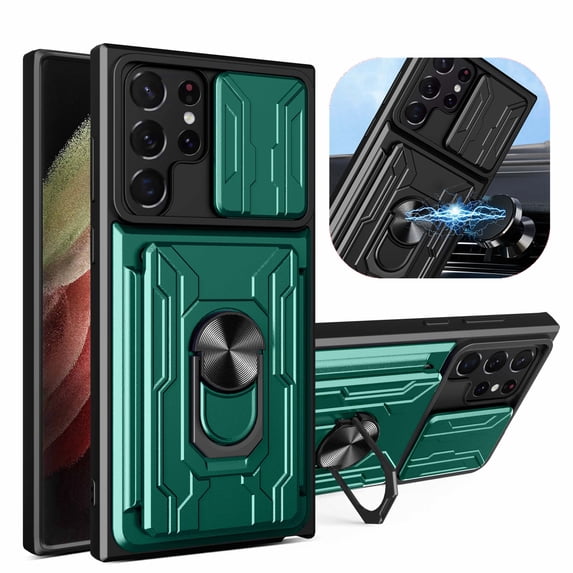 ELEHOLD Rugged for Samsung Galaxy S24 Ultra Hybrid Case,with Ring Holder Stand Back Card Holder Silde Lens Cover Support Magnetic Car Mount Heavy Duty Shockproof Cover for Galaxy S24 Ultra,Green