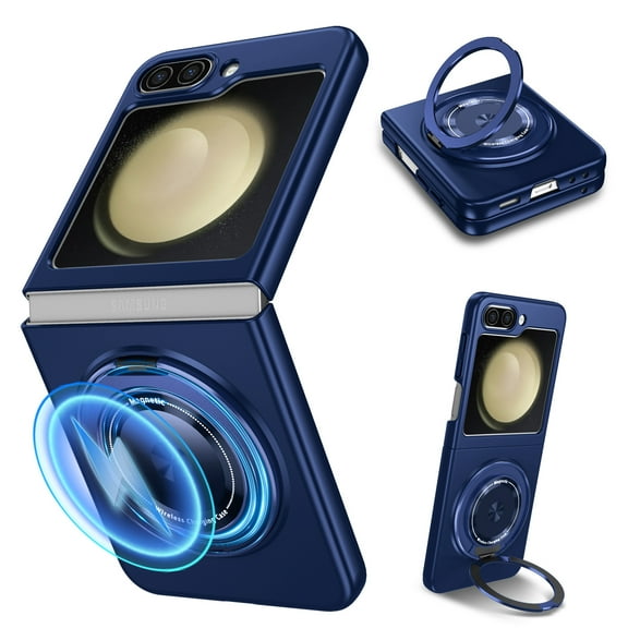 ELEHOLD Rugged for Samsung Galaxy Z Flip 5 Magnetic Case,Compatible with Mag Safe Hard PC Back Cover 360 Rotation Ring Kickstand Shcokproof Anti-Scratch Protective Samsung Z Flip 5 Case,Royalblue