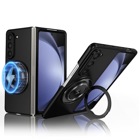 ELEHOLD Rugged for Samsung Galaxy Z Fold 5 Magnetic Case,Compatible with Mag Safe Hard PC Back Cover 360 Rotation Ring Kickstand Shcokproof Anti-Scratch Protective Samsung Z Fold 5 Case,Black