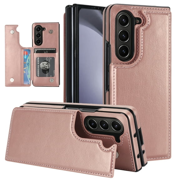 ELEHOLD Rugged Stand Wallet Case for Samsung Galaxy Z Fold5,with Card Holders Magnetic Button Kickstand Function Premium Leather Case for Samsung Galaxy Z Fold 5 2023,Rosegold