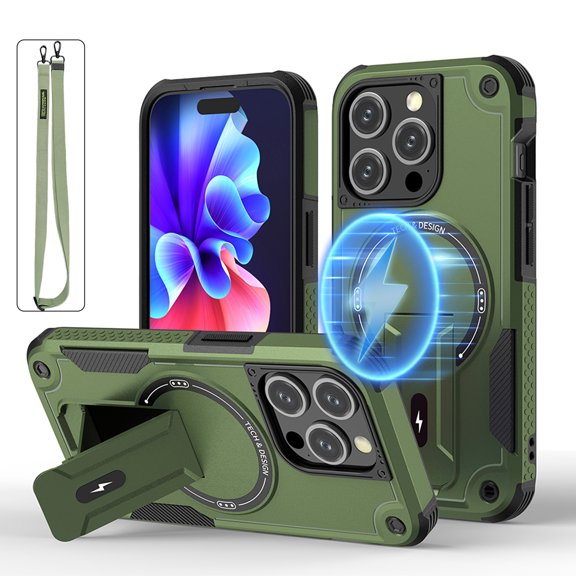 ELEHOLD Rugged for iPhone 14/iPhone 13 Magnetic Case Hybrid Hard PC Silicone Hidden Kickstand Drop-Protection Compatible with Mag Safe Accessories Shockproof Armor Case with Lanyard Strap,Armygreen