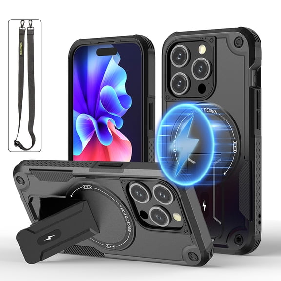 ELEHOLD Rugged for iPhone 15 Magnetic Case Hybrid Hard PC Silicone Hidden Kickstand Drop-Protection Compatible with Mag Safe Accessories Shockproof Armor Case with Lanyard Strap,Black