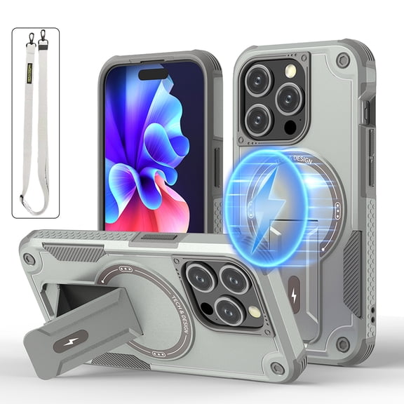 ELEHOLD Rugged for iPhone 15 Plus/14 Plus Magnetic Case Hybrid Hard PC Silicone Hidden Kickstand Drop-Protection Compatible with Mag Safe Accessories Shockproof Armor Case with Lanyard Strap,Grey