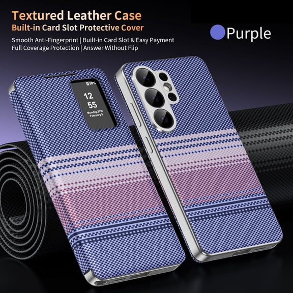 ELEHOLD S-View Window Flip Folio Cell Phone Case with Card Slot Wallet Cover for Samsung Galaxy S24 Ultra, Purple