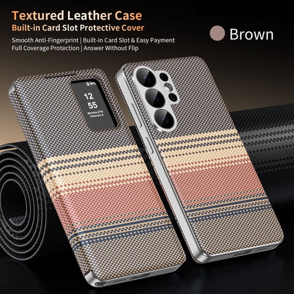 ELEHOLD S-View Window Flip Folio Cell Phone Case with Card Slot Wallet Cover for Samsung Galaxy S26+, Brown