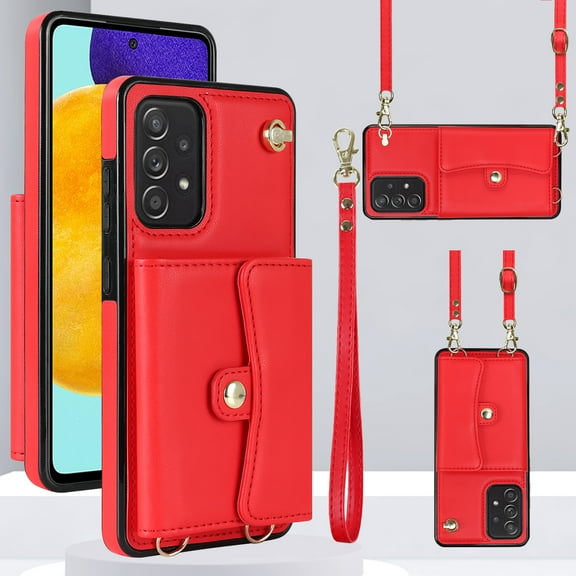 ELEHOLD for Samsung A20 6.4 (2019) Multi-Functional Wallet Case Organ Card Slots RFID Blocking Stand Function Wrist Strap Crossbody Shoulder Strap Shockproof Purse Case,red