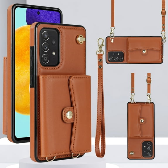 ELEHOLD for Samsung A70 6.7 (2019) Multi-Functional Wallet Case Organ Card Slots RFID Blocking Stand Function Wrist Strap Crossbody Shoulder Strap Shockproof Purse Case,brown