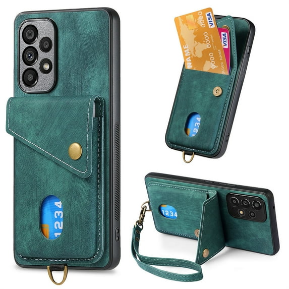 ELEHOLD for Samsung Galaxy A04E, Wallet Case with Card Slots,Rugged Shockproof Anti Scratch Kickstand with Hand Strap Wallet Case,Support Magnetic Car Mount, green