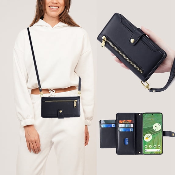 ELEHOLD for Samsung Galaxy A04E Wallet Case Crossbody, Zipper Phone Case with Card Holder Large Capacity Wrist Strap Leather Purse Cover for Women Men for Samsung Galaxy A04E,Black