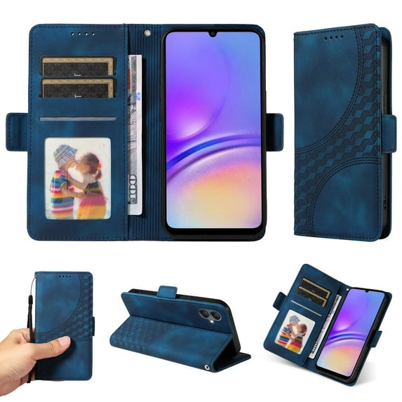 ELEHOLD For Samsung Galaxy A05 Leather Wallet Phone Case, Embossed Diamond Folio Flip Cover, Card Holder Cash Slot, Stand Support, Wrist Strap Lanyard -Blue