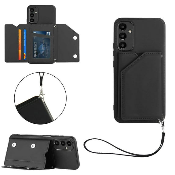 ELEHOLD for Samsung Galaxy A05 PU Leather Wallet Case with Card Holders Wrist Lanyard Handstrap Kickstand Function Shockproof Protective Wallet Cover for Samsung A05,Black