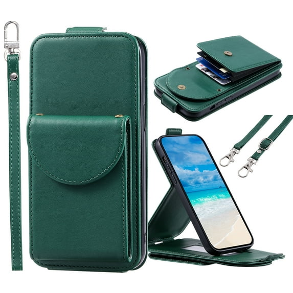 ELEHOLD for Samsung Galaxy A05S Wallet Crossbody Case Premium PU Leather Organ Card Slots Magnetic Closure Detachable Wrist Lanyard Shoulder Strap Flip Shockproof Galaxy A05S Cover,Green