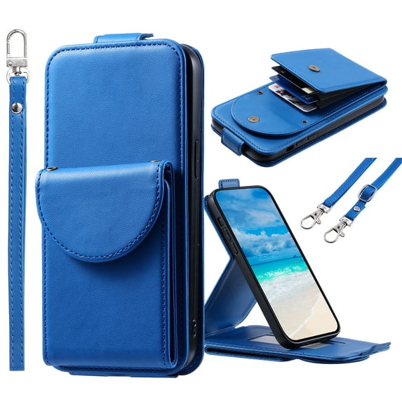 ELEHOLD for Samsung Galaxy A05S Wallet Crossbody Case Premium PU Leather Organ Card Slots Magnetic Closure Detachable Wrist Lanyard Shoulder Strap Flip Shockproof Galaxy A05S Cover,Blue