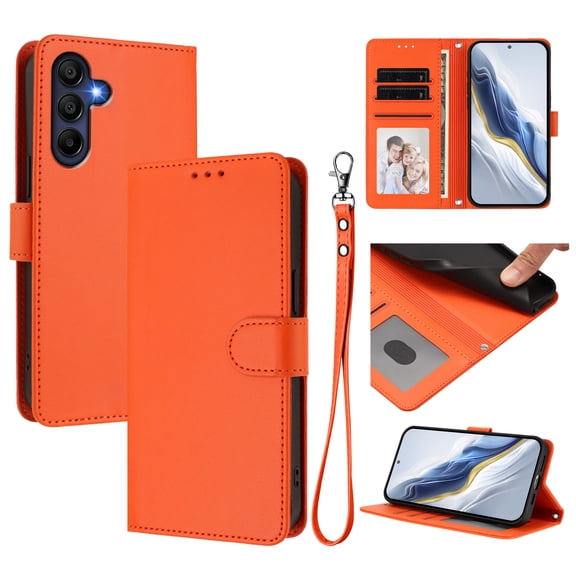 ELEHOLD For Samsung Galaxy A07 Flip PU Leather Wallet Case with Credit Card Slot RFID Blocking Kickstand Shock-Absorbent TPU Magnetic Protective Cover With Lanyard,Orange