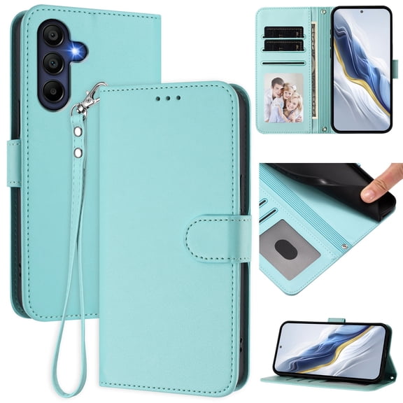 ELEHOLD For Samsung Galaxy A07 Flip PU Leather Wallet Case with Credit Card Slot RFID Blocking Kickstand Shock-Absorbent TPU Magnetic Protective Cover With Lanyard,Mint