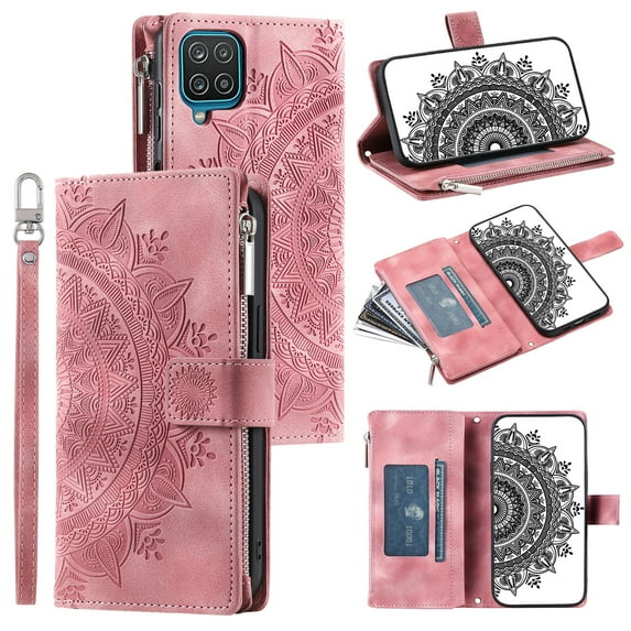 ELEHOLD for Samsung Galaxy A12 5G Multi-Function Wallet Case, Zipper Magnetic PU Leather Wrist Strap Card Holder Protective Wallet Stand for Women and Men Cover, pink