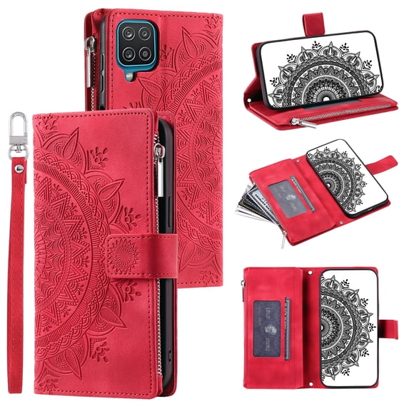ELEHOLD for Samsung Galaxy A12 5G Multi-Function Wallet Case, Zipper Magnetic PU Leather Wrist Strap Card Holder Protective Wallet Stand for Women and Men Cover, red
