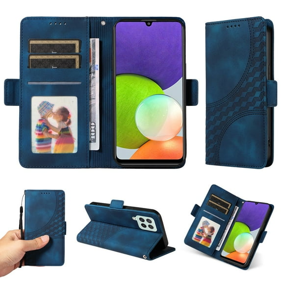 ELEHOLD For Samsung Galaxy A12 Leather Wallet Phone Case, Embossed Diamond Folio Flip Cover, Card Holder Cash Slot, Stand Support, Wrist Strap Lanyard -Blue
