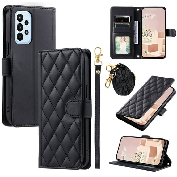 ELEHOLD for Samsung Galaxy A12 Wallet Crossbody Case PU Leather Cover with Card Slots Magnetic Clasp Kickstand Detachable Wriststrap Shoulder Strap Flip Shockpoof Cover,black