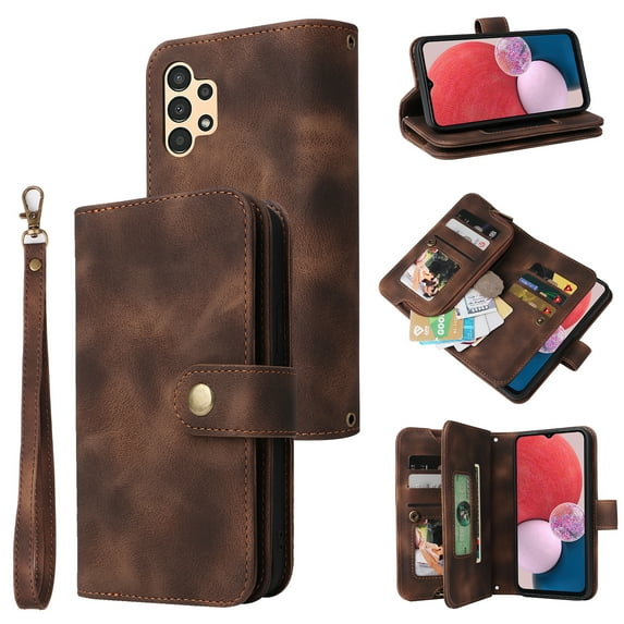 ELEHOLD for Samsung Galaxy A13 4G/5G Flip Leather Wallet Case with Card Holders Kickstand Magnetic Clasp Handstrap Shoulder Strap Shockproof Protective Case,Brown