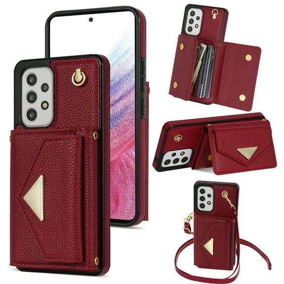 ELEHOLD for Samsung Galaxy A13 4G Case Premium Leather Wallet with Back Organ Card Holders Kickstand Function Crossbody Shoulder Strap Luxury Shockproof Women Purse Cover ,red