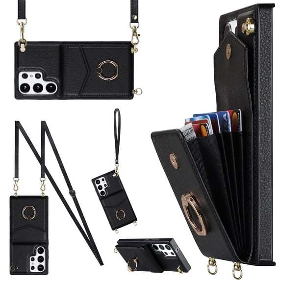ELEHOLD for Samsung Galaxy A13 4G, Shockproof PU Leather Case with Rotation Ring Stand Adjustable Shoulder Strap,Card Slots Stand RFID Blocking Protective Case Cover, black