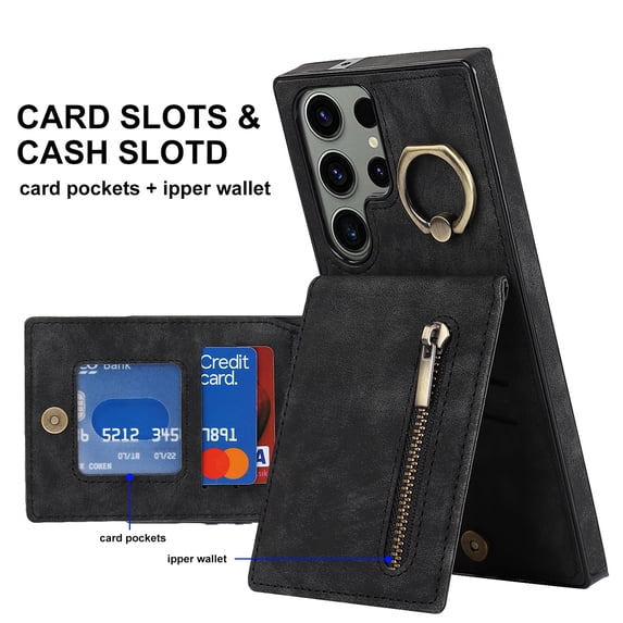 ELEHOLD For Samsung Galaxy A13 4G, Wallet Case with Card Slot Holder,RFID Blocking,Built-in 360°Rotating Ring Kickstand Zipper Retro Purse Shockproof Case Cover, black