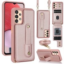 ELEHOLD Samsung Galaxy A13 4G Wallet Case, Flip Card Slots Magnetic Button Kickstand Function Non-Slip Wristband Crossbody Shoulder Strap for Samsung Galaxy A13 4G Fashion Leather Case,Rosegold