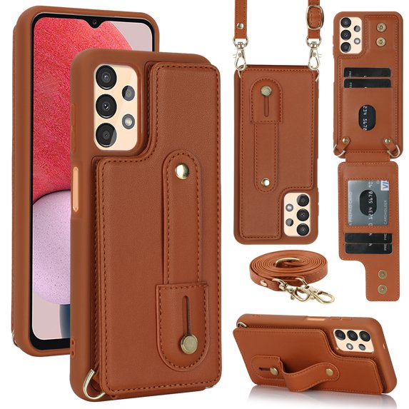 ELEHOLD Samsung Galaxy A13 4G Wallet Case, Flip Card Slots Magnetic Button Kickstand Function Non-Slip Wristband Crossbody Shoulder Strap for Samsung Galaxy A13 4G Fashion Leather Case,Brown