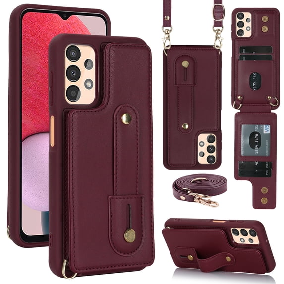 ELEHOLD Samsung Galaxy A13 4G Wallet Case, Flip Card Slots Magnetic Button Kickstand Function Non-Slip Wristband Crossbody Shoulder Strap for Samsung Galaxy A13 4G Fashion Leather Case,Winered