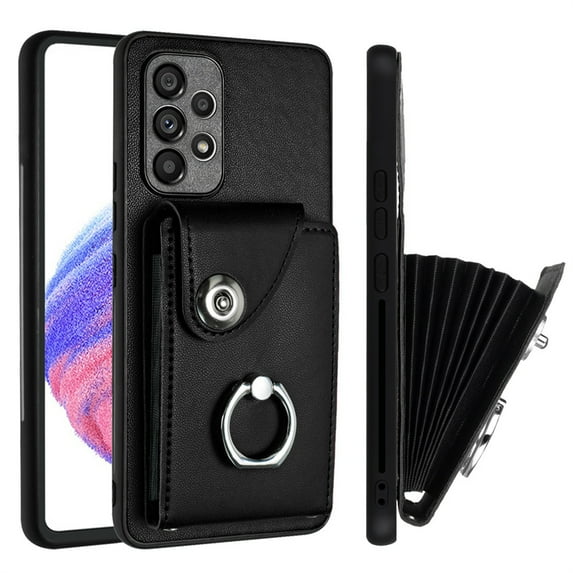 ELEHOLD for Samsung Galaxy A13 4G Wallet Case PU Leather Organ Card Slots Holders Magnetic Button Finger Ring Holder Stand Shockproof Full Protective Case,black