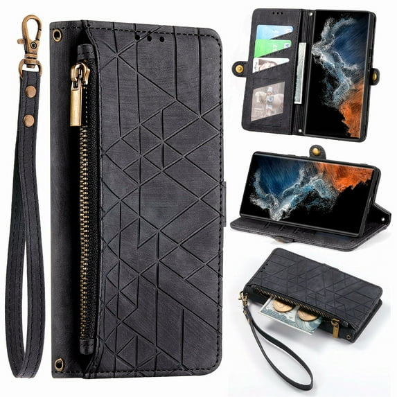 ELEHOLD for Samsung Galaxy A13 5G Case,Galaxy A13 5G Wallet Case for Women Men, Geometric Patterns PU Leather Magnetic Flip Strap Zipper Card Holder Phone Case,Black