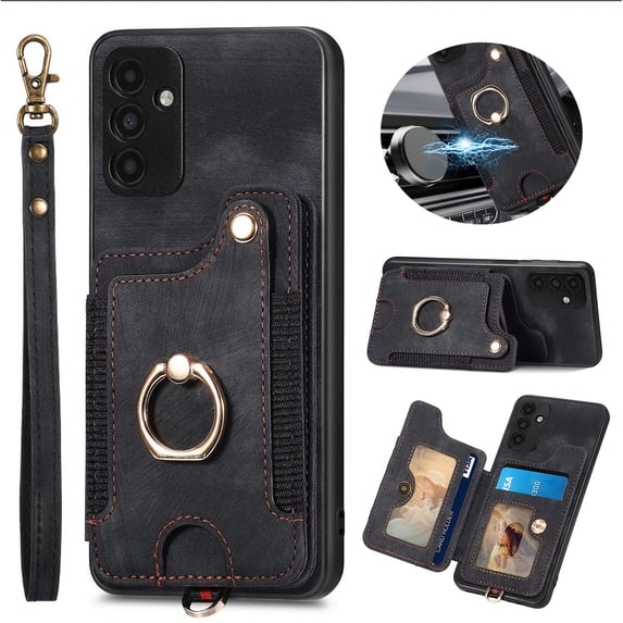ELEHOLD for Samsung Galaxy A13 5G Case with Ring Holder, Galaxy A13 5G Wallet Case with RFID Blocking Card Holder Wristlet Strap, Magnetic Button Flip Folio Kickstand Shockproof Phone Cover,Black