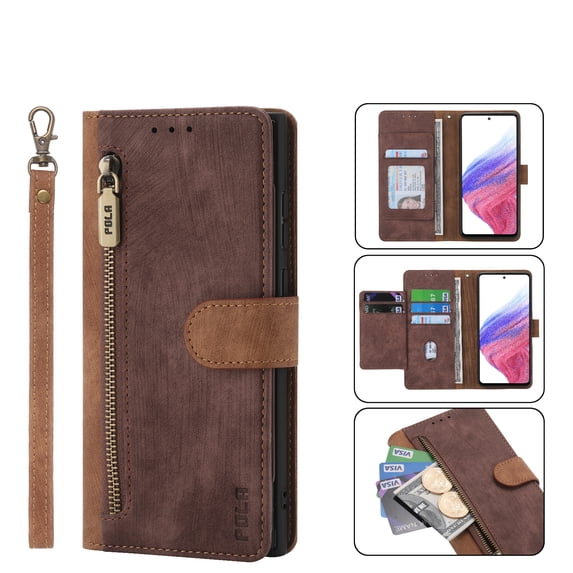 ELEHOLD for Samsung Galaxy A13 5G Luxury Wallet Case,PU Leather RFID Blocking Card Slots Zipper Pocket Magnetic Closure Kickstand Lanyard Shockproof Protective Case,Brown