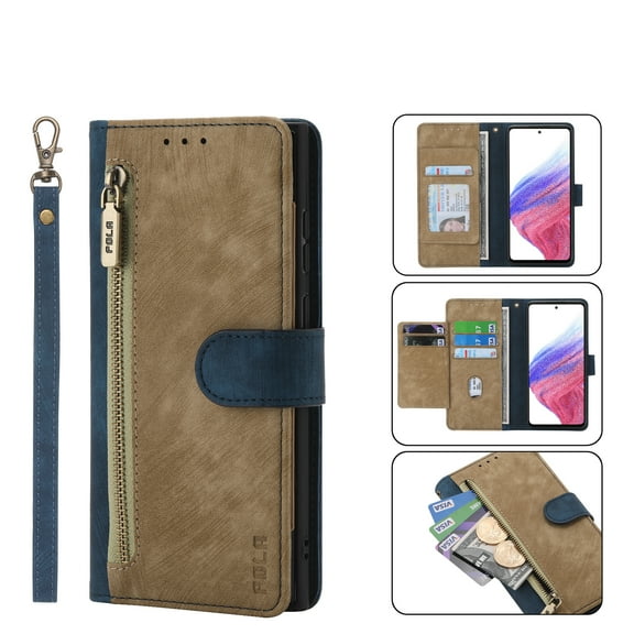 ELEHOLD for Samsung Galaxy A13 5G Luxury Wallet Case,PU Leather RFID Blocking Card Slots Zipper Pocket Magnetic Closure Kickstand Lanyard Shockproof Protective Case,Blue