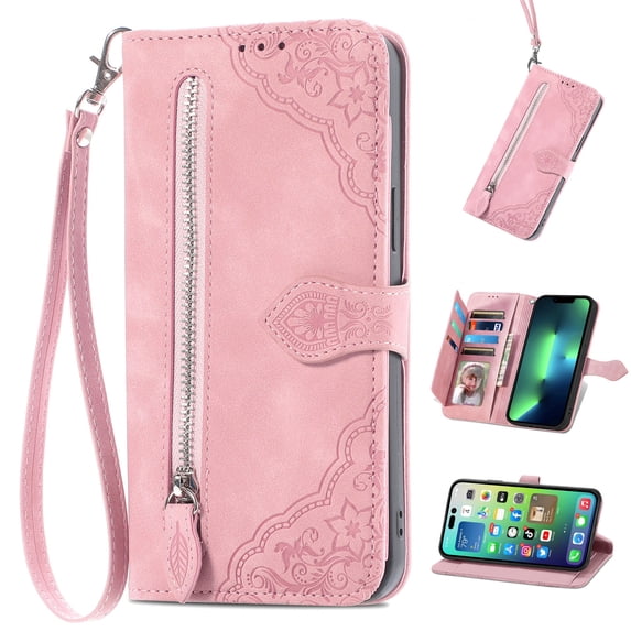 ELEHOLD for Samsung Galaxy A13 5G, Samsung Galaxy A13 5G Wallet Case for Women Men, Durable Embossed PU Leather Magnetic Flip Zipper Card Holder Phone Case with Wristlet Strap, Pink