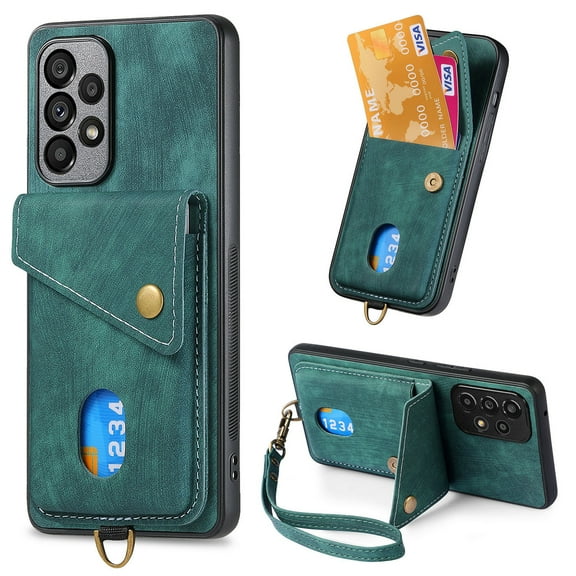 ELEHOLD for Samsung Galaxy A13 5G, Wallet Case with Card Slots,Rugged Shockproof Anti Scratch Kickstand with Hand Strap Wallet Case,Support Magnetic Car Mount, green
